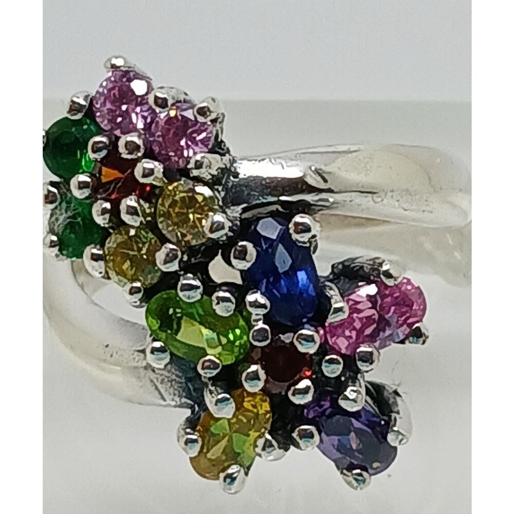 Vintage 1990's Floral Sterling Silver Bypass Band Ring Gemstones CZ Size 8.5